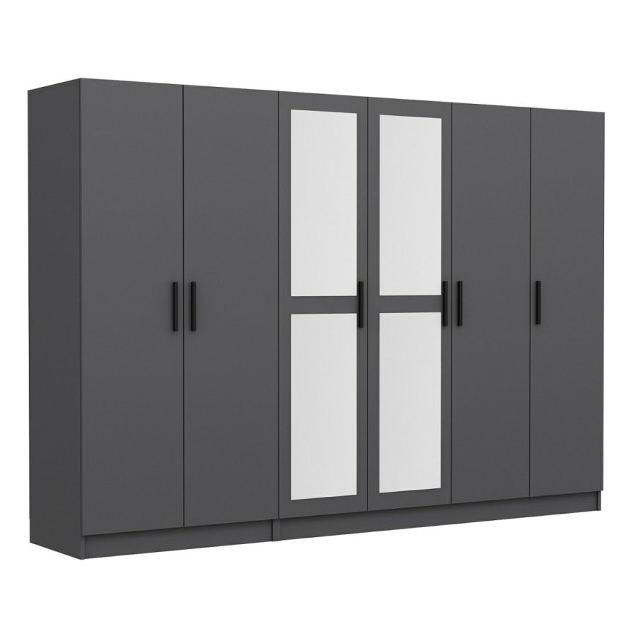 FUNZI LIVING 5091 garderobeskab, spejl, 6 lger, 3 bjlestnger, 2 skuffer - antracitgr melamin