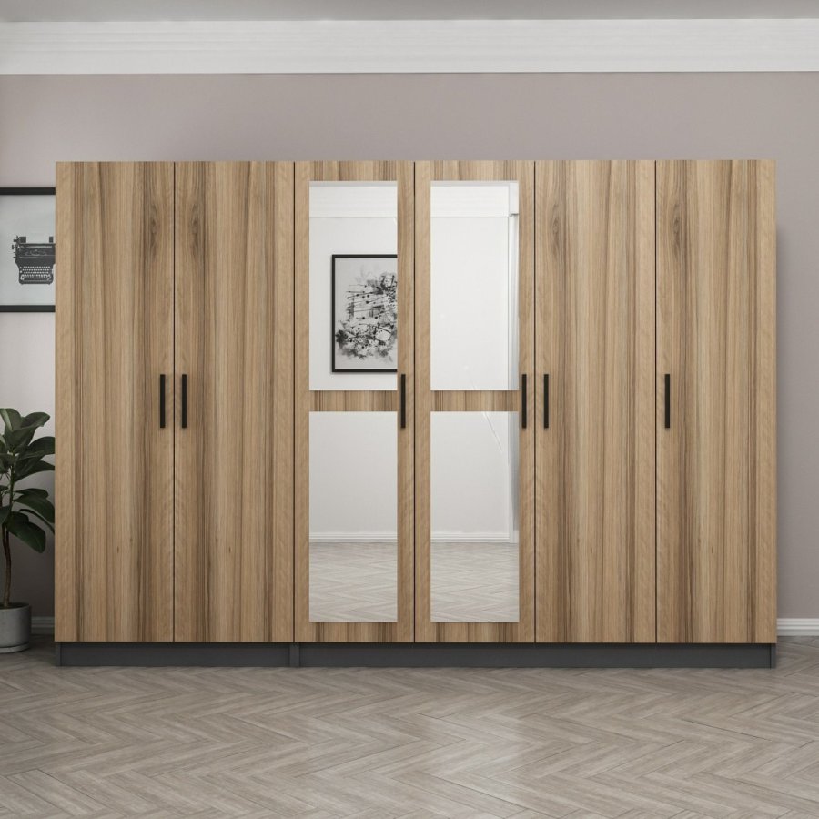 FUNZI LIVING 5014 garderobeskab, spejl, 6 lger, 3 bjlestnger, 2 skuffer - natur/antracit melamin