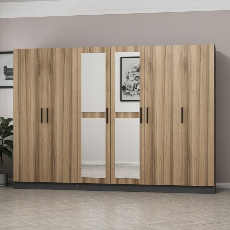 FUNZI LIVING 5014 garderobeskab, spejl, 6 lger, 3 bjlestnger, 2 skuffer - natur/antracit melamin