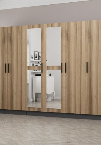 FUNZI LIVING 5118 garderobeskab, spejl, 6 lger, 3 bjlestnger, 2 skuffer - natur/antracit melamin