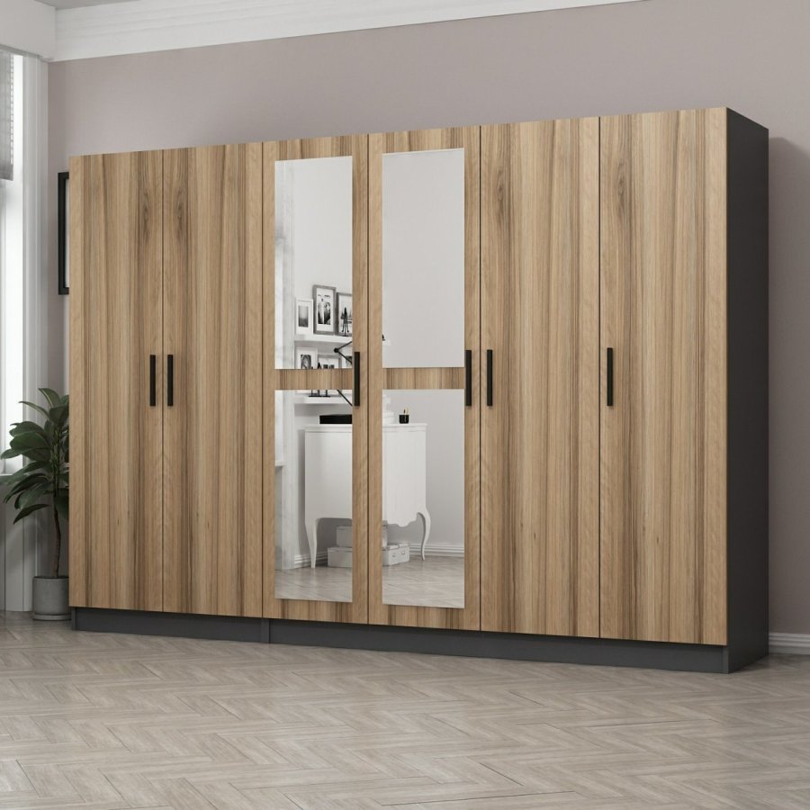 FUNZI LIVING 5118 garderobeskab, spejl, 6 lger, 3 bjlestnger, 2 skuffer - natur/antracit melamin