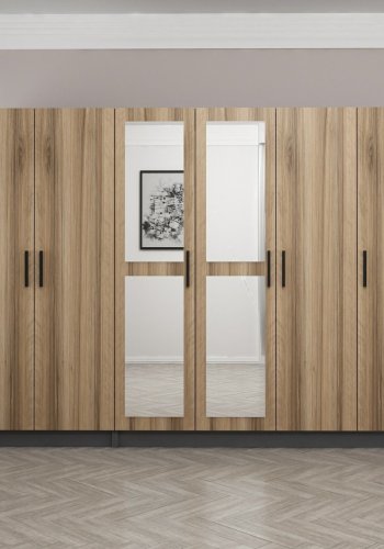 FUNZI LIVING 5118 garderobeskab, spejl, 6 lger, 3 bjlestnger, 2 skuffer - natur/antracit melamin