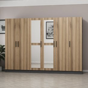 FUNZI LIVING 5118 garderobeskab, spejl, 6 lger, 3 bjlestnger, 2 skuffer - natur/antracit melamin