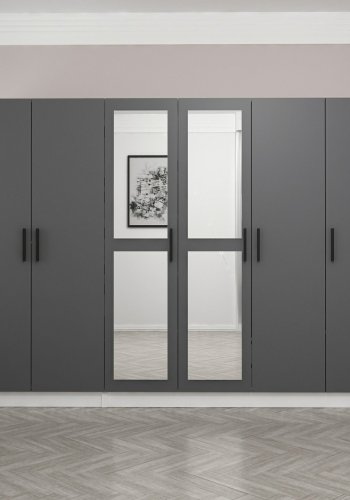 FUNZI LIVING 5064 garderobeskab, spejl, 6 lger, 3 bjlestnger, 2 skuffer - antracit/hvid melamin