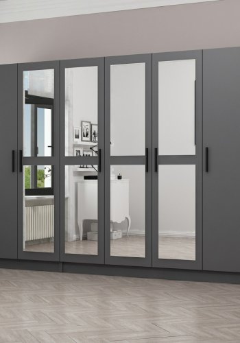 FUNZI LIVING 4988 garderobeskab, spejl, 6 lger, 3 bjlestnger, 2 skuffer - antracitgr melamin