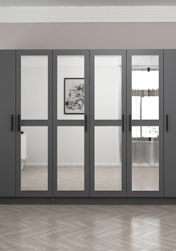 FUNZI LIVING 5092 garderobeskab, spejl, 6 lger, 3 bjlestnger, 2 skuffer - antracitgr melamin