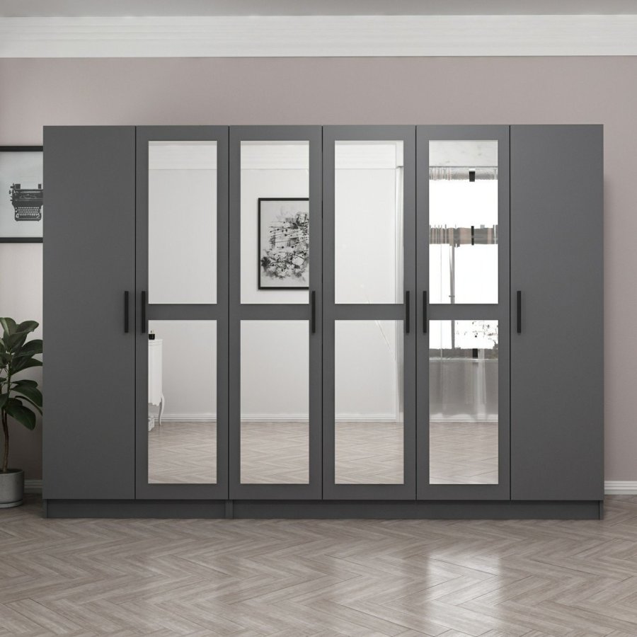 FUNZI LIVING 5092 garderobeskab, spejl, 6 lger, 3 bjlestnger, 2 skuffer - antracitgr melamin