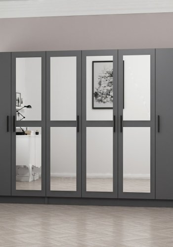 FUNZI LIVING 5092 garderobeskab, spejl, 6 lger, 3 bjlestnger, 2 skuffer - antracitgr melamin