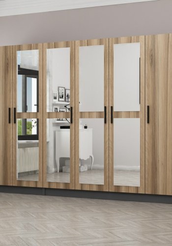 FUNZI LIVING 5015 garderobeskab, spejl, 6 lger, 3 bjlestnger, 2 skuffer - natur/antracit melamin