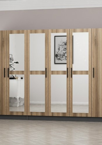 FUNZI LIVING 5015 garderobeskab, spejl, 6 lger, 3 bjlestnger, 2 skuffer - natur/antracit melamin