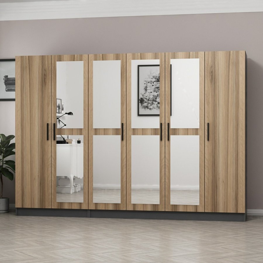 FUNZI LIVING 5015 garderobeskab, spejl, 6 lger, 3 bjlestnger, 2 skuffer - natur/antracit melamin