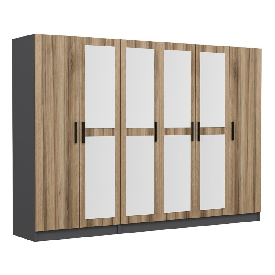 FUNZI LIVING 5015 garderobeskab, spejl, 6 lger, 3 bjlestnger, 2 skuffer - natur/antracit melamin