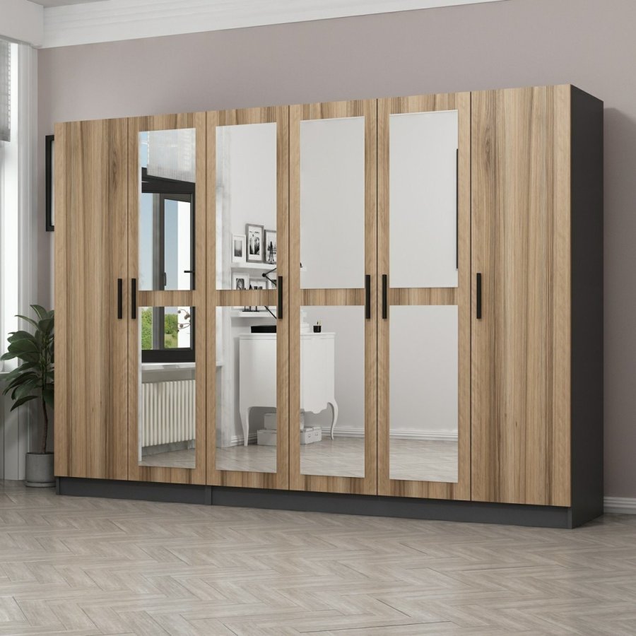 FUNZI LIVING 5119 garderobeskab, spejl, 6 lger, 3 bjlestnger, 2 skuffer - natur/antracit melamin