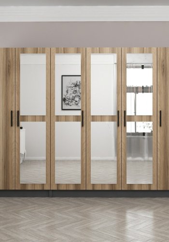 FUNZI LIVING 5119 garderobeskab, spejl, 6 lger, 3 bjlestnger, 2 skuffer - natur/antracit melamin