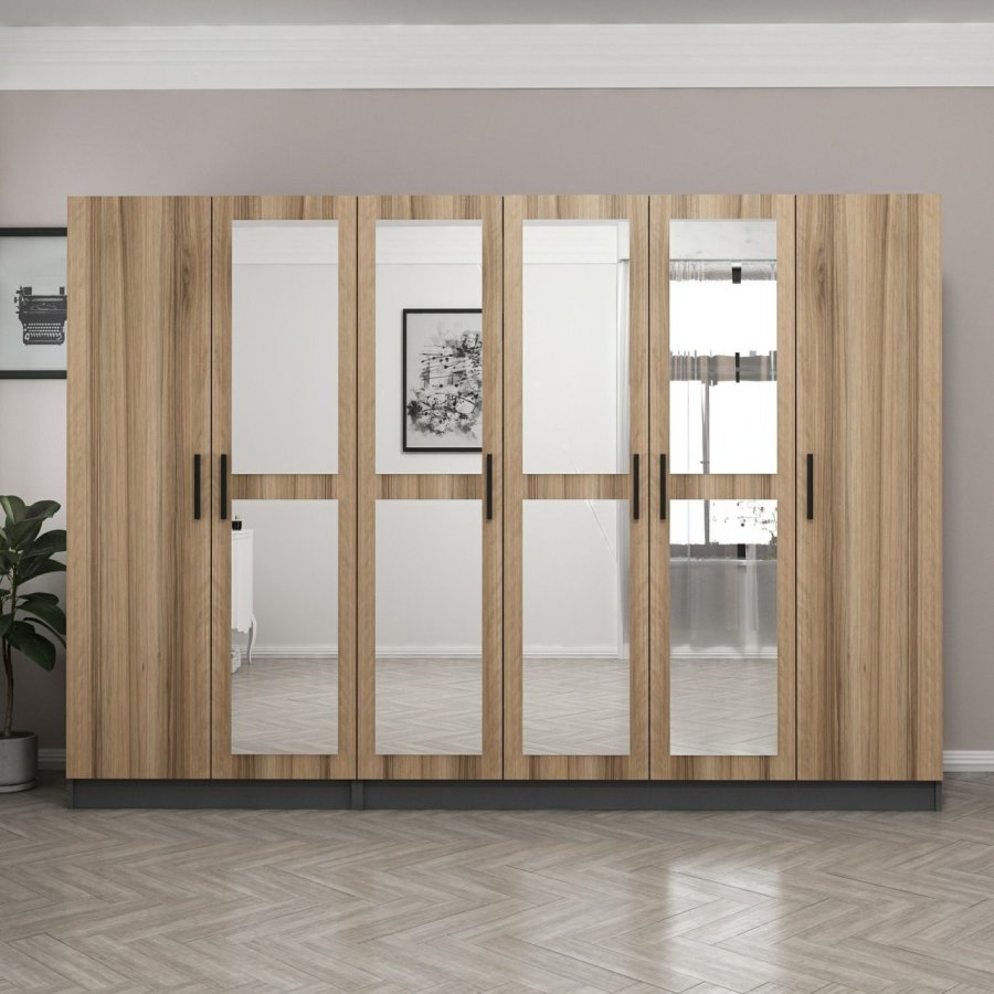 FUNZI LIVING 5119 garderobeskab, spejl, 6 lger, 3 bjlestnger, 2 skuffer - natur/antracit melamin