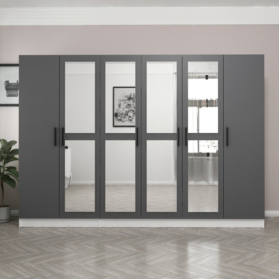 FUNZI LIVING 4961 garderobeskab, spejl, 6 lger, 3 bjlestnger, 2 skuffer - antracit/hvid melamin