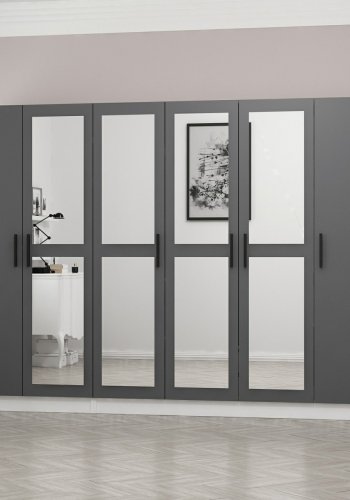 FUNZI LIVING 5065 garderobeskab, spejl, 6 lger, 3 bjlestnger, 2 skuffer - antracit/hvid melamin