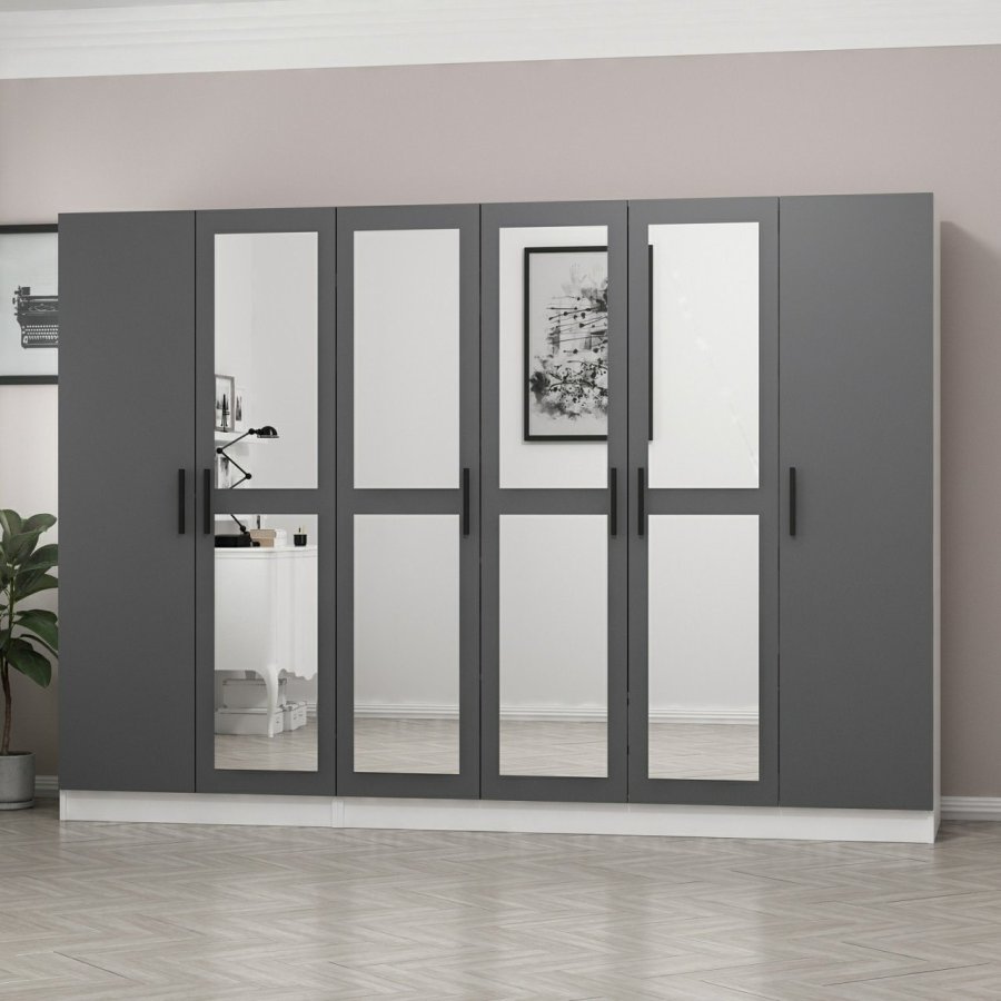 FUNZI LIVING 5065 garderobeskab, spejl, 6 lger, 3 bjlestnger, 2 skuffer - antracit/hvid melamin