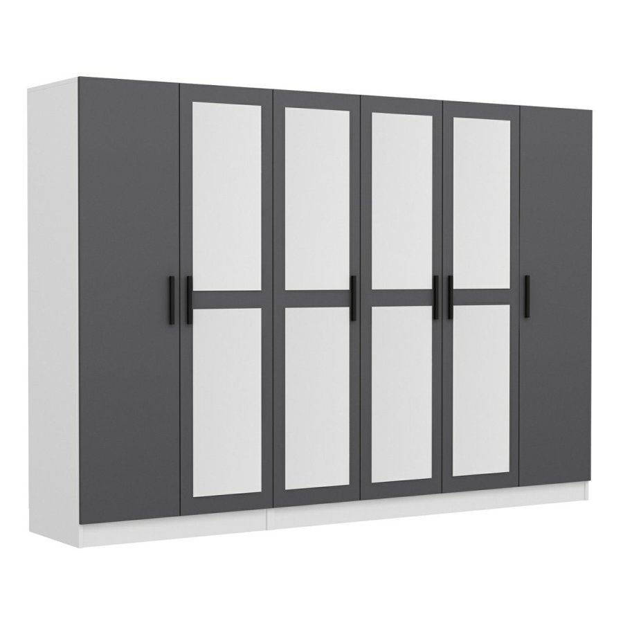 FUNZI LIVING 5065 garderobeskab, spejl, 6 lger, 3 bjlestnger, 2 skuffer - antracit/hvid melamin