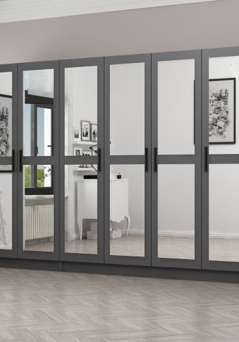 FUNZI LIVING 4989 garderobeskab, spejl, 6 lger, 3 bjlestnger, 2 skuffer - antracitgr melamin