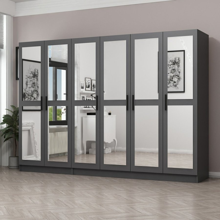 FUNZI LIVING 4989 garderobeskab, spejl, 6 lger, 3 bjlestnger, 2 skuffer - antracitgr melamin