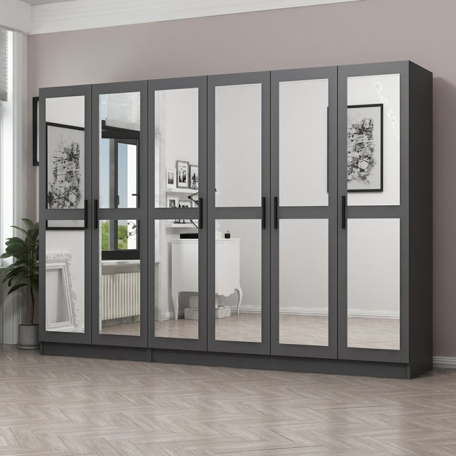 FUNZI LIVING 5093 garderobeskab, spejl, 6 lger, 3 bjlestnger, 2 skuffer - antracitgr melamin