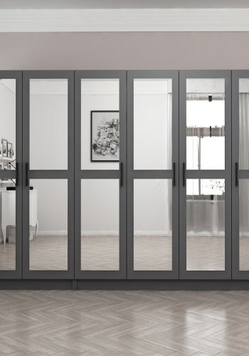 FUNZI LIVING 5093 garderobeskab, spejl, 6 lger, 3 bjlestnger, 2 skuffer - antracitgr melamin