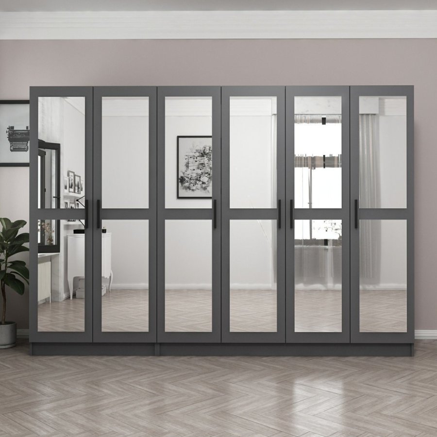 FUNZI LIVING 5093 garderobeskab, spejl, 6 lger, 3 bjlestnger, 2 skuffer - antracitgr melamin