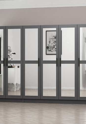 FUNZI LIVING 5093 garderobeskab, spejl, 6 lger, 3 bjlestnger, 2 skuffer - antracitgr melamin