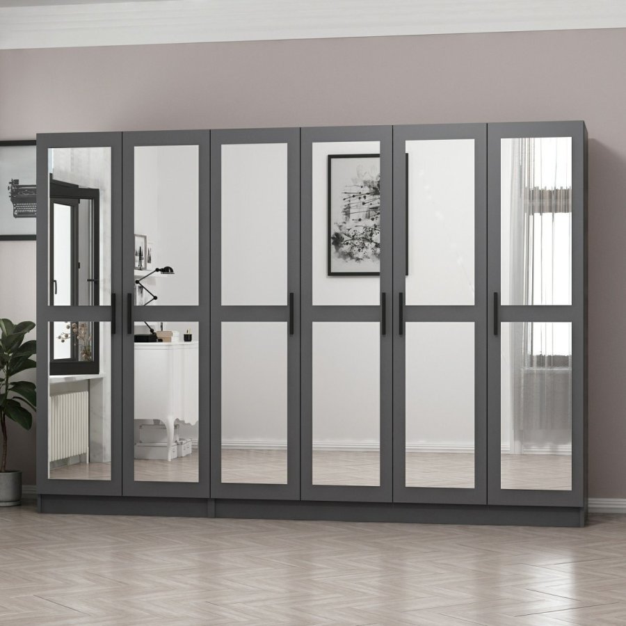 FUNZI LIVING 5093 garderobeskab, spejl, 6 lger, 3 bjlestnger, 2 skuffer - antracitgr melamin