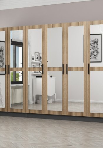 FUNZI LIVING 5016 garderobeskab, spejl, 6 lger, 3 bjlestnger, 2 skuffer - natur/antracit melamin