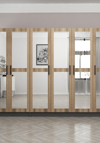 FUNZI LIVING 5016 garderobeskab, spejl, 6 lger, 3 bjlestnger, 2 skuffer - natur/antracit melamin