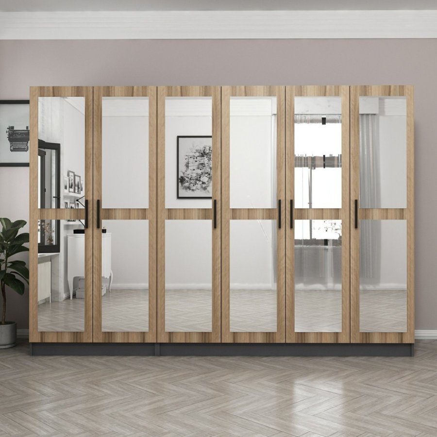 FUNZI LIVING 5016 garderobeskab, spejl, 6 lger, 3 bjlestnger, 2 skuffer - natur/antracit melamin