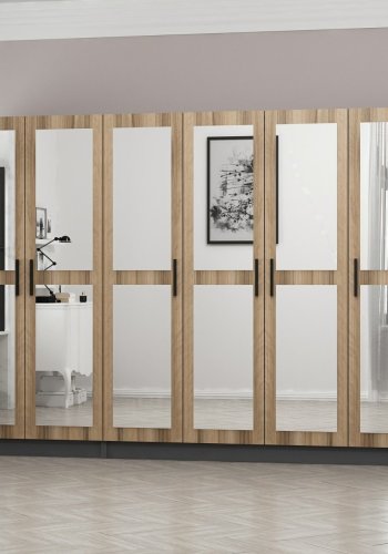 FUNZI LIVING 5016 garderobeskab, spejl, 6 lger, 3 bjlestnger, 2 skuffer - natur/antracit melamin