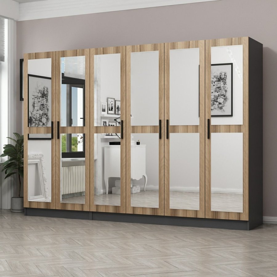 FUNZI LIVING 5120 garderobeskab, spejl, 6 lger, 3 bjlestnger, 2 skuffer - natur/antracit melamin