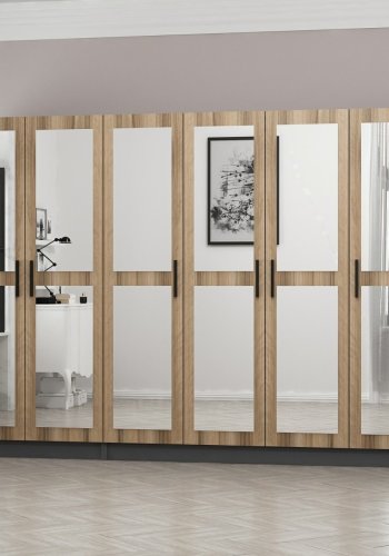 FUNZI LIVING 5120 garderobeskab, spejl, 6 lger, 3 bjlestnger, 2 skuffer - natur/antracit melamin