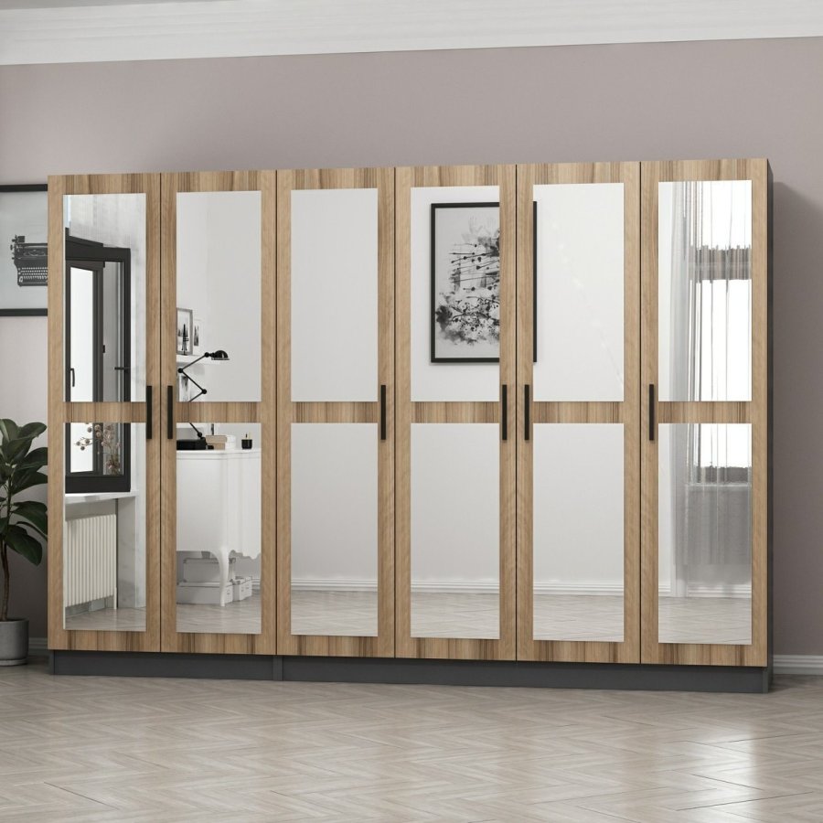 FUNZI LIVING 5120 garderobeskab, spejl, 6 lger, 3 bjlestnger, 2 skuffer - natur/antracit melamin