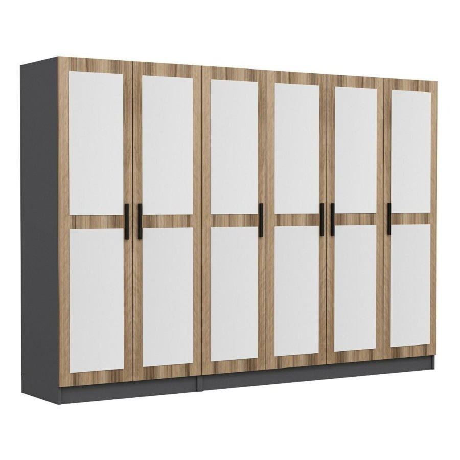 FUNZI LIVING 5120 garderobeskab, spejl, 6 lger, 3 bjlestnger, 2 skuffer - natur/antracit melamin