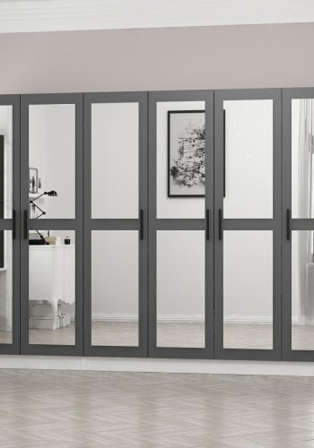 FUNZI LIVING 4962 garderobeskab, spejl, 6 lger, 3 bjlestnger, 2 skuffer - antracit/hvid melamin