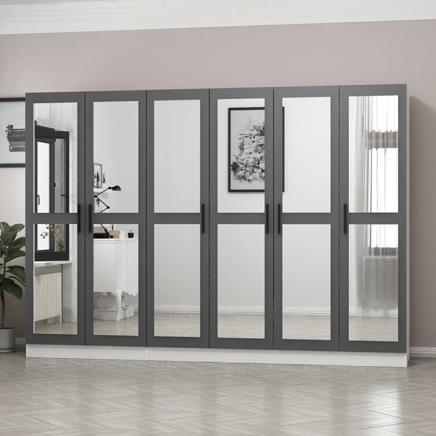 FUNZI LIVING 4962 garderobeskab, spejl, 6 lger, 3 bjlestnger, 2 skuffer - antracit/hvid melamin