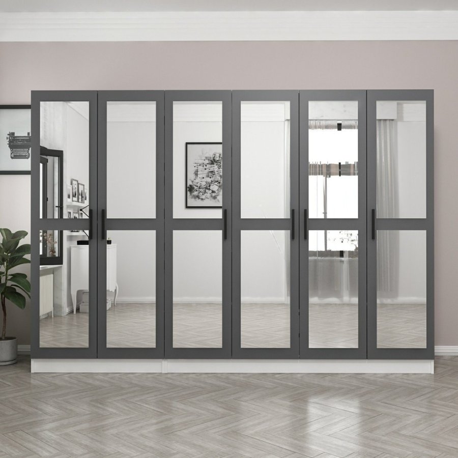 FUNZI LIVING 5066 garderobeskab, spejl, 6 lger, 3 bjlestnger, 2 skuffer - antracit/hvid melamin