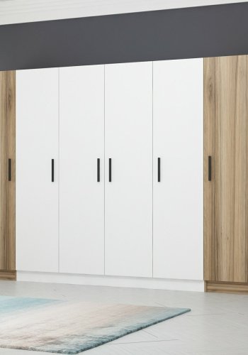 FUNZI LIVING 3077 garderobeskab, 6 lger, 3 bjlestnger, 2 skuffer, hylder - hvid/natur melamin