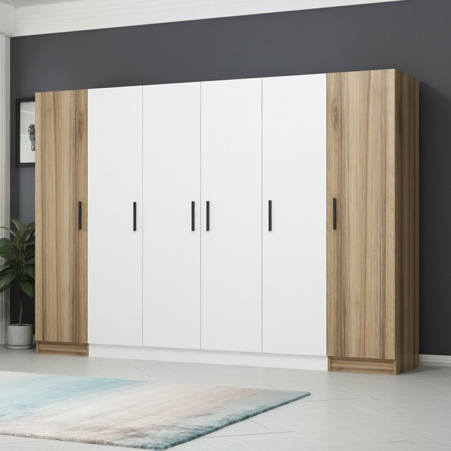 FUNZI LIVING 3077 garderobeskab, 6 lger, 3 bjlestnger, 2 skuffer, hylder - hvid/natur melamin