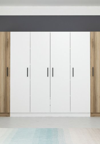 FUNZI LIVING 3077 garderobeskab, 6 lger, 3 bjlestnger, 2 skuffer, hylder - hvid/natur melamin