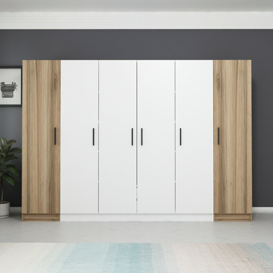 FUNZI LIVING 3077 garderobeskab, 6 lger, 3 bjlestnger, 2 skuffer, hylder - hvid/natur melamin