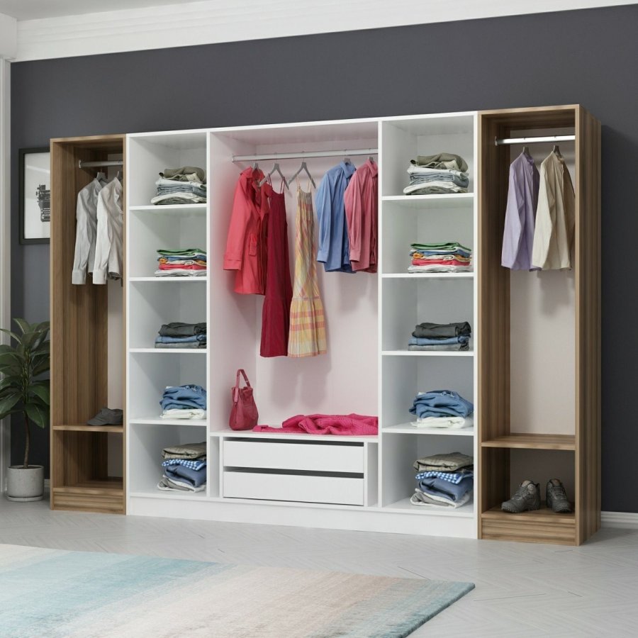 FUNZI LIVING 3077 garderobeskab, 6 lger, 3 bjlestnger, 2 skuffer, hylder - hvid/natur melamin