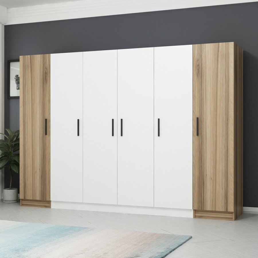 FUNZI LIVING 3077 garderobeskab, 6 lger, 3 bjlestnger, 2 skuffer, hylder - hvid/natur melamin