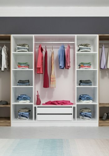 FUNZI LIVING 3077 garderobeskab, 6 lger, 3 bjlestnger, 2 skuffer, hylder - hvid/natur melamin