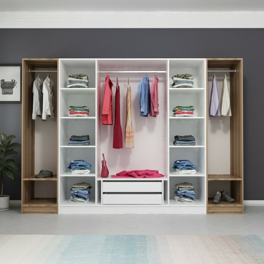 FUNZI LIVING 3077 garderobeskab, 6 lger, 3 bjlestnger, 2 skuffer, hylder - hvid/natur melamin