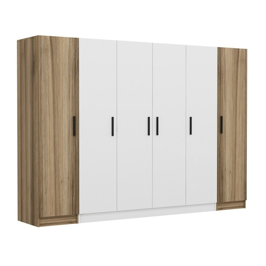 FUNZI LIVING 3077 garderobeskab, 6 lger, 3 bjlestnger, 2 skuffer, hylder - hvid/natur melamin